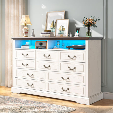 Romorgniz 10 Drawer White Dresser for Bedroom, Large Farmhouse Dresser with LED Lights & Charging Station for Bedroom Romorgniz