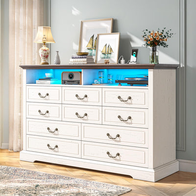 Romorgniz 10 Drawer White Dresser for Bedroom, Large Farmhouse Dresser with LED Lights & Charging Station for Bedroom