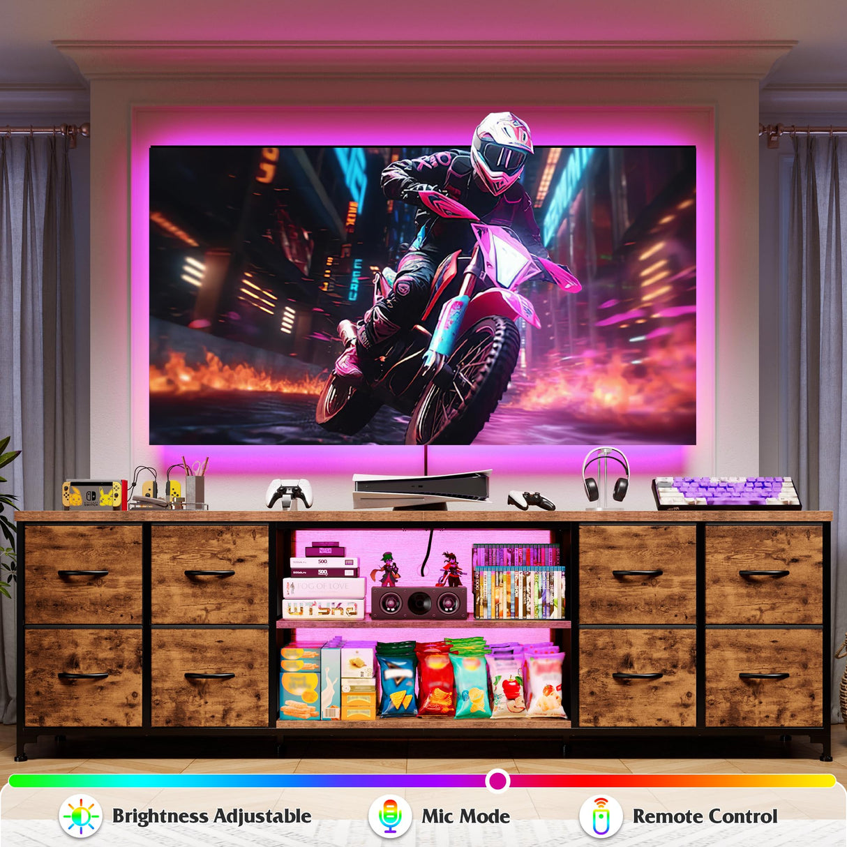 EnHomee 62.3" W Dresser for Bedroom,75" TV Stand Dresser with Charging Station and LED Lights,Entertainment Center with 8 Drawers Dresser,Long Fabric Dresser for Bedroom,Entry Way,Rustic Brown EnHomee