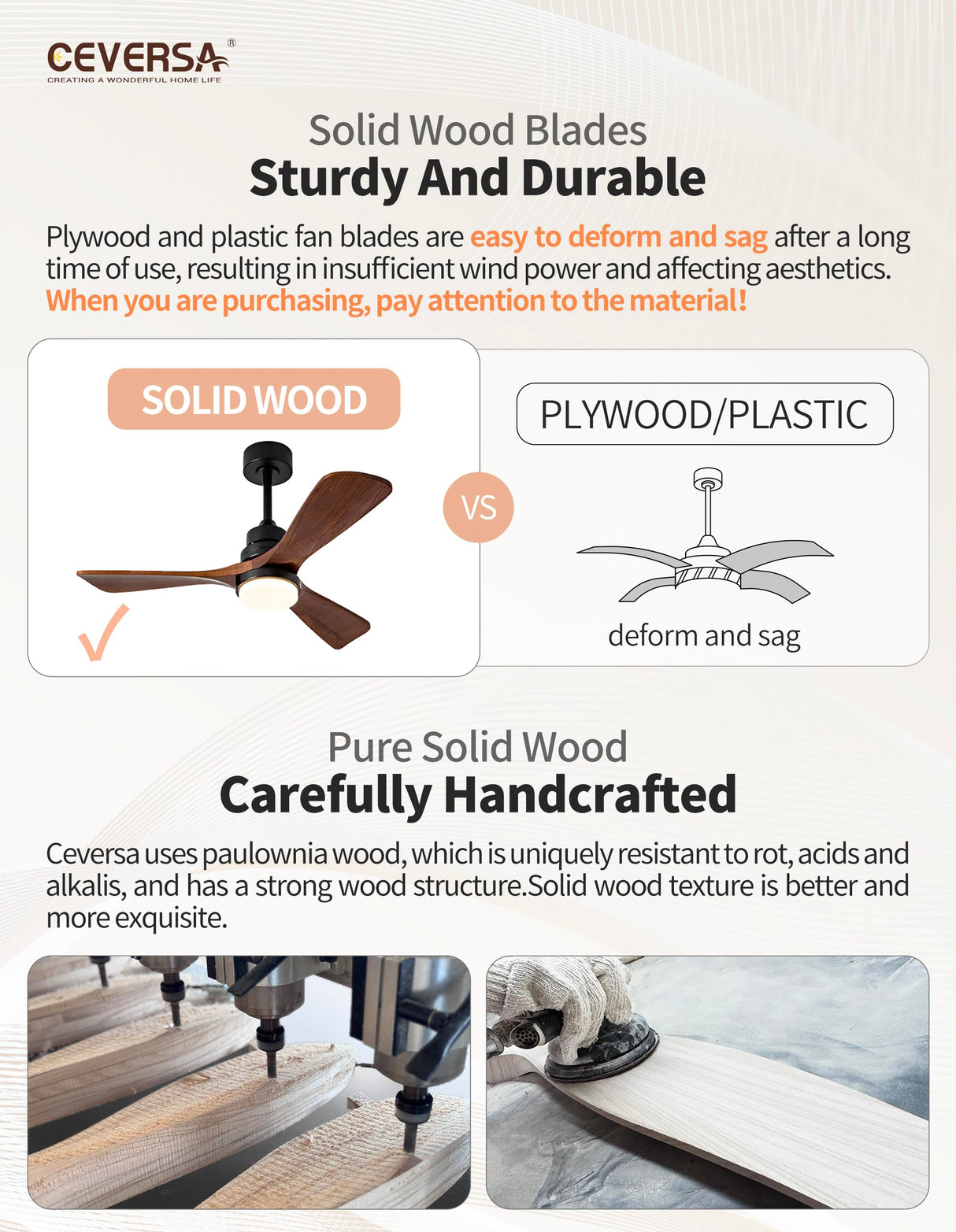 Ceversa 42 Inch Solid Wood Ceiling Fan with Light and Remote Control,3 Blades Craftmade Modern Ceiling Fan Quiet for Living Room Bedroom Farmhouse Indoor Outdoor Ceversa