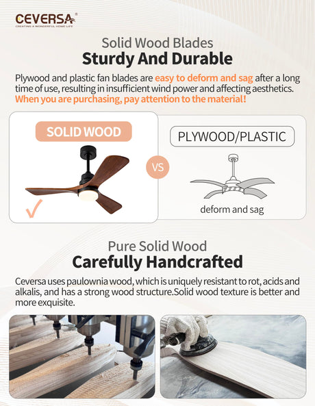 Ceversa 42 Inch Solid Wood Ceiling Fan with Light and Remote Control,3 Blades Craftmade Modern Ceiling Fan Quiet for Living Room Bedroom Farmhouse Indoor Outdoor Ceversa
