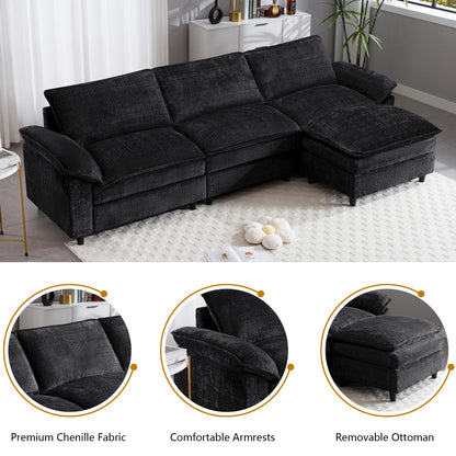 113.5" L Shaped Sectional Sofa, Modern Modular Cloud Couch with Movable Ottoman, 3 Seat Couches for Living Room, Apartment, Black Chenille