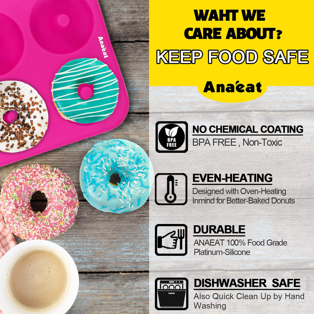 Anaeat 3 Pack Donut Pan Silicone Baking Mold, Just Pop Out! Non-Stick Doughnuts Baking Pans BPA Free for 6 Full-Size Donuts, Muffin, Cake Biscuit Bagels - Oven & Dishwasher Safe (Multicolor) Anaeat