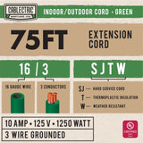 Cablectric 75 ft Outdoor Extension Cord 3 Prong, 16/3 SJTW Weatherproof Green Extension Cord 75ft, Heavy Duty Long Exterior Power Cable for Outside, Landscaping & Outdoor Lights Cablectric