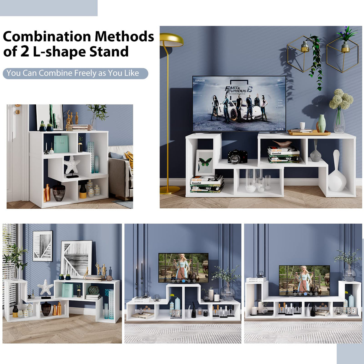 Tangkula 3 Pieces Console TV Stand, Free-Combination Entertainment Center for 50 55 60 65 Inch TV, Minimalist Modern TV Media Stand, DIY Open Storage Bookcase Shelf for Living Room (White) Tangkula