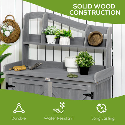 Outsunny Potting Bench Table, Outdoor Storage Cabinet, Multi-function Gardening Bench, Wooden Planting Workstation with Magnetic Doors, for Yard Tools or Pool Accessories, Gray - WoodArtSupply