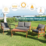 Tangkula 4 PCS Acacia Wood Patio Furniture Set, Outdoor Seating Chat Set with Gray Cushions & Back Pillow, Outdoor Conversation Set with Coffee Table, Ideal for Garden, Backyard, Poolside Tangkula