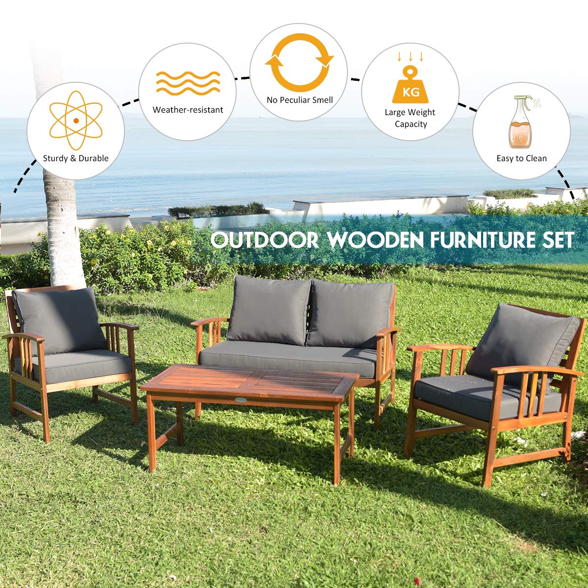 Tangkula 4 PCS Acacia Wood Patio Furniture Set, Outdoor Seating Chat Set with Gray Cushions & Back Pillow, Outdoor Conversation Set with Coffee Table, Ideal for Garden, Backyard, Poolside - WoodArtSupply