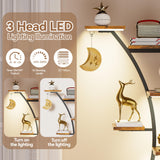 BECOKOME Bookshelf with Lights - 63" Tall Unique Bookshelves, 9-Tier Book Shelf for Collectibles, Black Display Shelf with Light, Half-Moon Ladder Book Stands for Bedroom Living Room, Rustic Brown BECOKOME