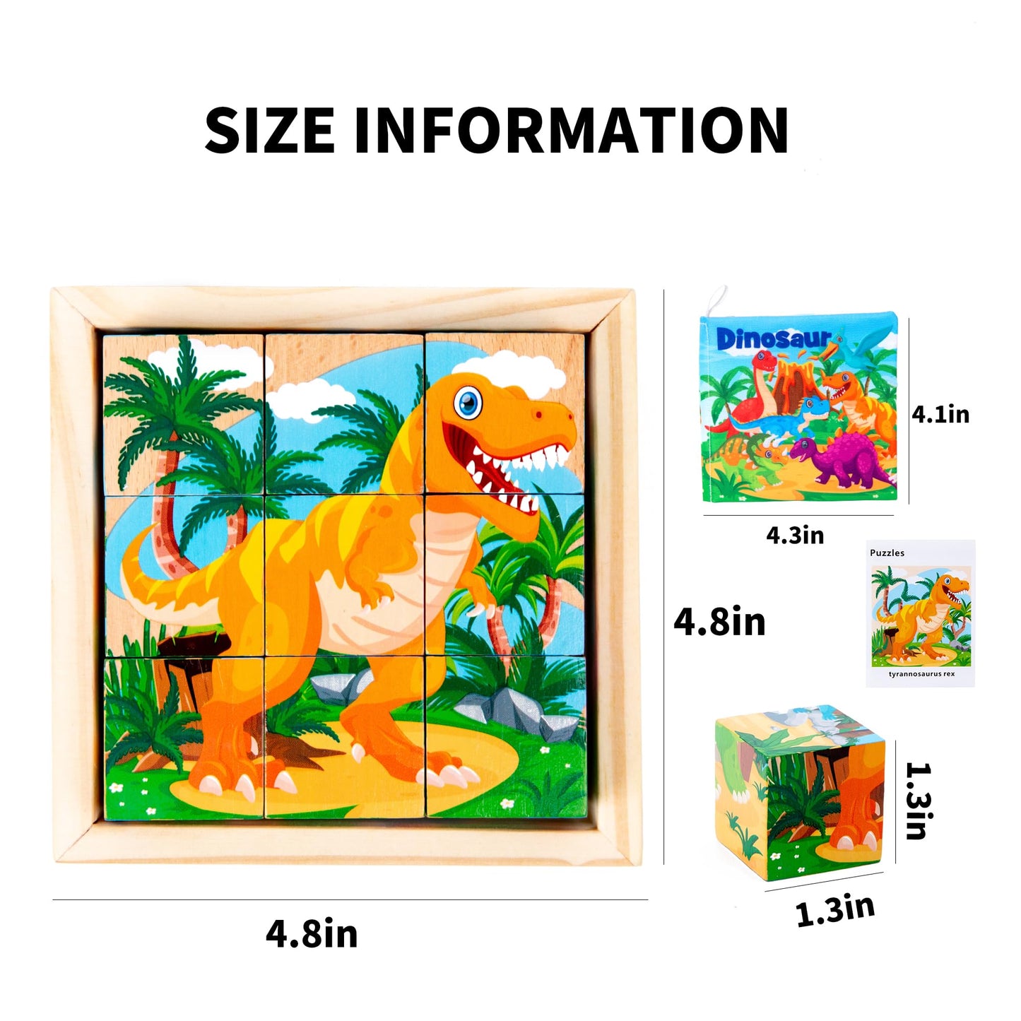 Wooden Dinosaur Block Puzzles for Kids Ages 3-5 with Baby Book, Jigsaw Puzzles Preschool Educational Interactive Toys Gift for Boys Girls, Wood Dino Cube Puzzles for Toddlers 2 3 4 5 6 Years Old