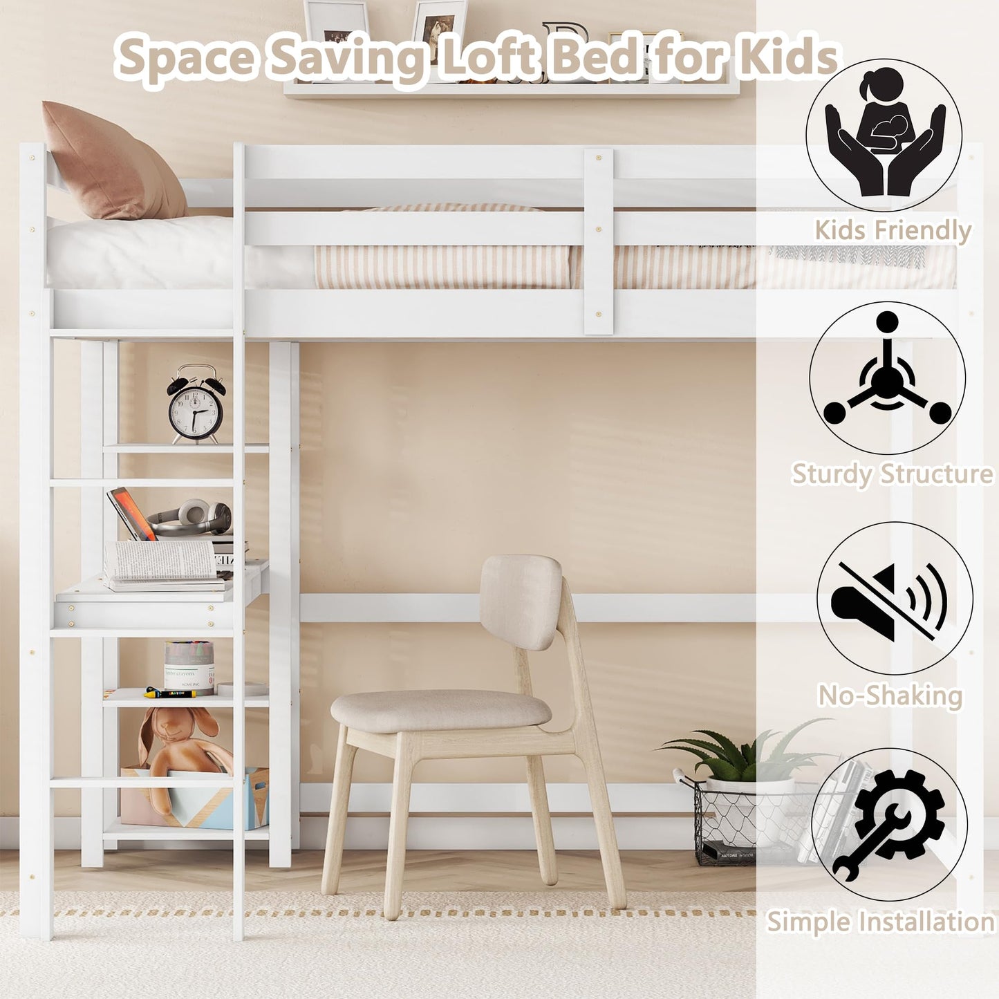 Bellemave White Full Size Loft Bed with Desk and Storage Shelves for Kids - WoodArtSupply