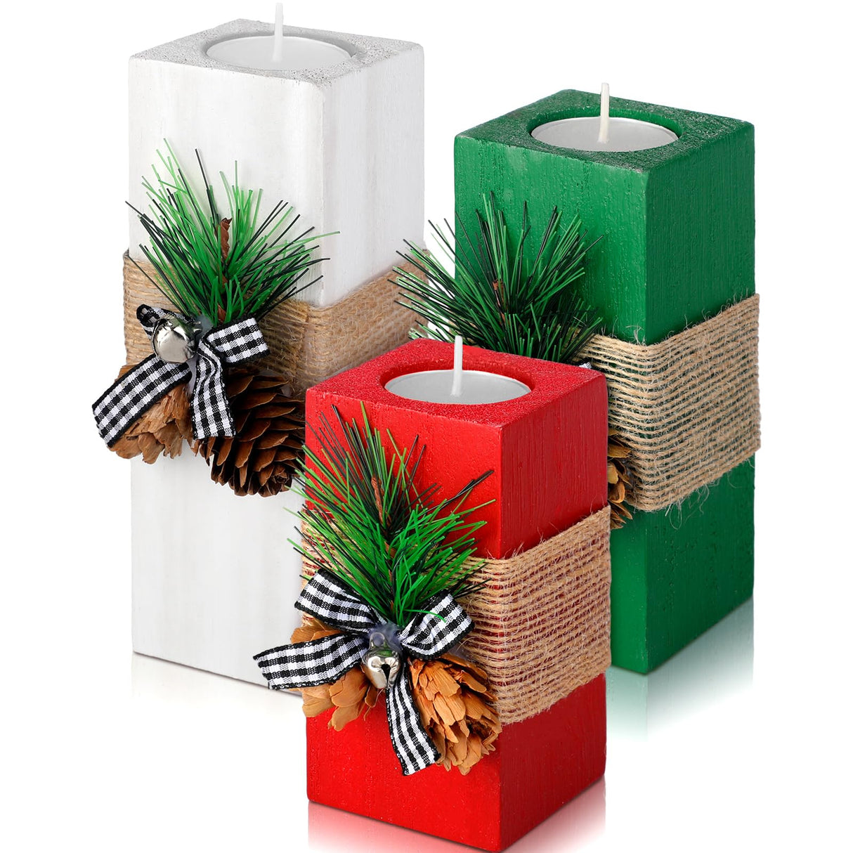 Sliner 3 Pcs Christmas Candle Holders with Candles Wooden Xmas Tealight Candle Holders Decorations Red White Green Votive Wood Candlestick for Christmas Table Centerpiece Decor Xmas Gifts Sliner
