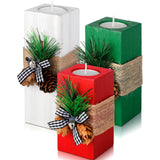Sliner 3 Pcs Christmas Candle Holders with Candles Wooden Xmas Tealight Candle Holders Decorations Red White Green Votive Wood Candlestick for Christmas Table Centerpiece Decor Xmas Gifts Sliner
