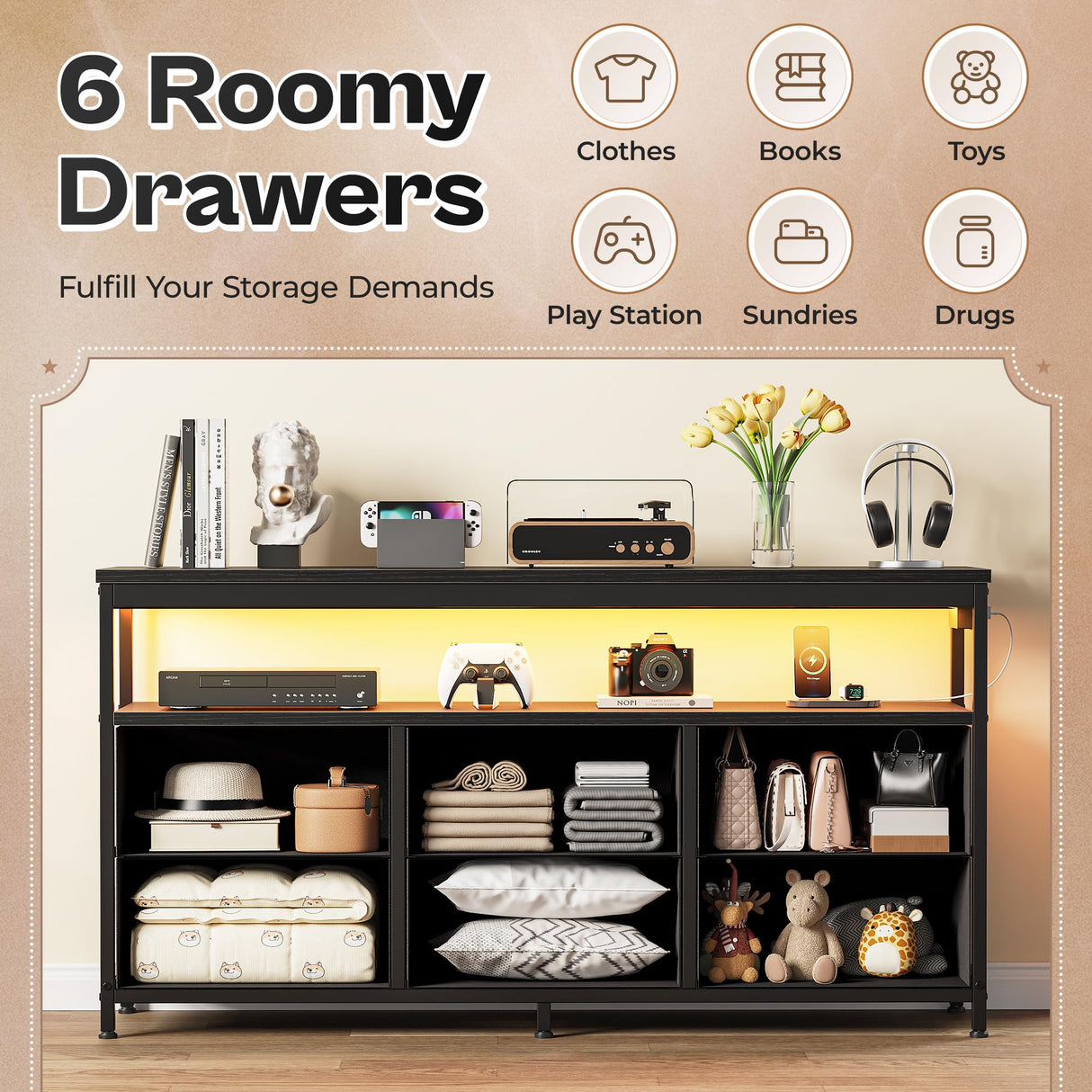 Huuger LED TV Stand for Bedroom, 47 Inch Dresser with Power Outlets, Entertainment Center for 55, 50, 43 Inch TV, 6 Drawer Dresser for Bedroom, Chest of Drawers with Open Shlef, PU Leather, Black Huuger