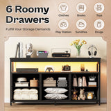 Huuger LED TV Stand for Bedroom, 47 Inch Dresser with Power Outlets, Entertainment Center for 55, 50, 43 Inch TV, 6 Drawer Dresser for Bedroom, Chest of Drawers with Open Shlef, PU Leather, Black Huuger