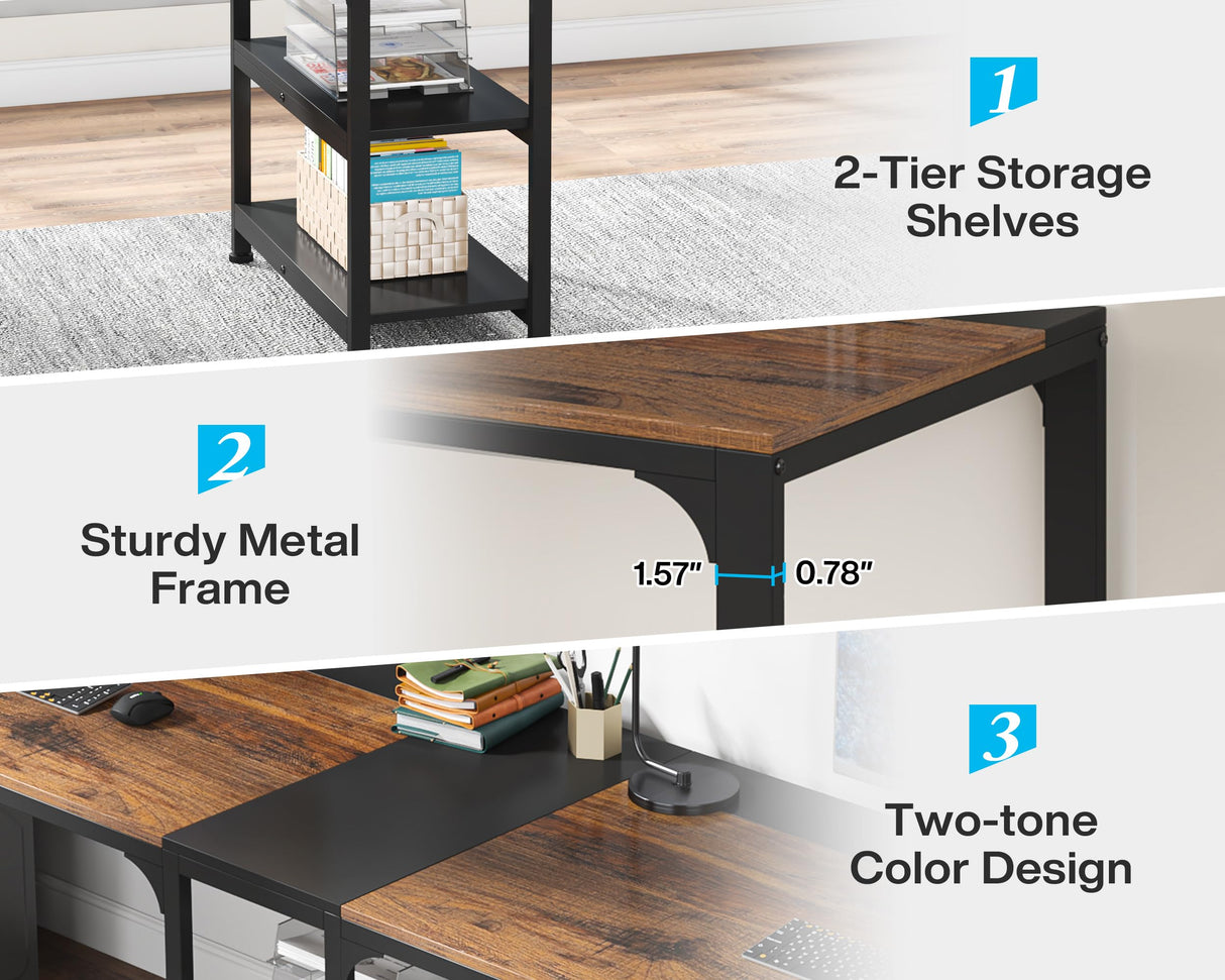 Tribesigns 90.55'' 2 Person Desk with Storage Shelves, Double Computer Desk with Spacious Desktop, Extra Long Study Writing Table Workstation for Home Office (Black & Brown) Tribesigns
