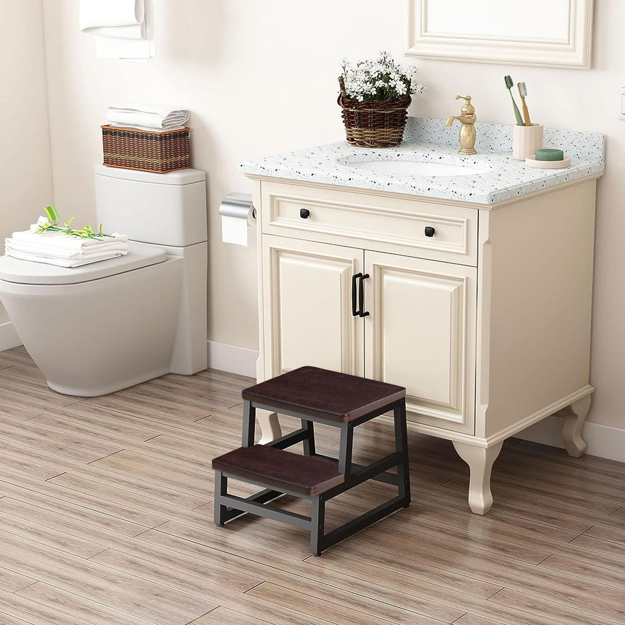 Wooden Step Stool, Bed Steps for High Bed for Adults Kids, Heavy Duty Bed Step Stool for Adults with 500 LB Load Capacity, Wooden 2 Step Stool for Kitchen Bedroom Livingroom Bathroom(Dark Walnut) RORKEE