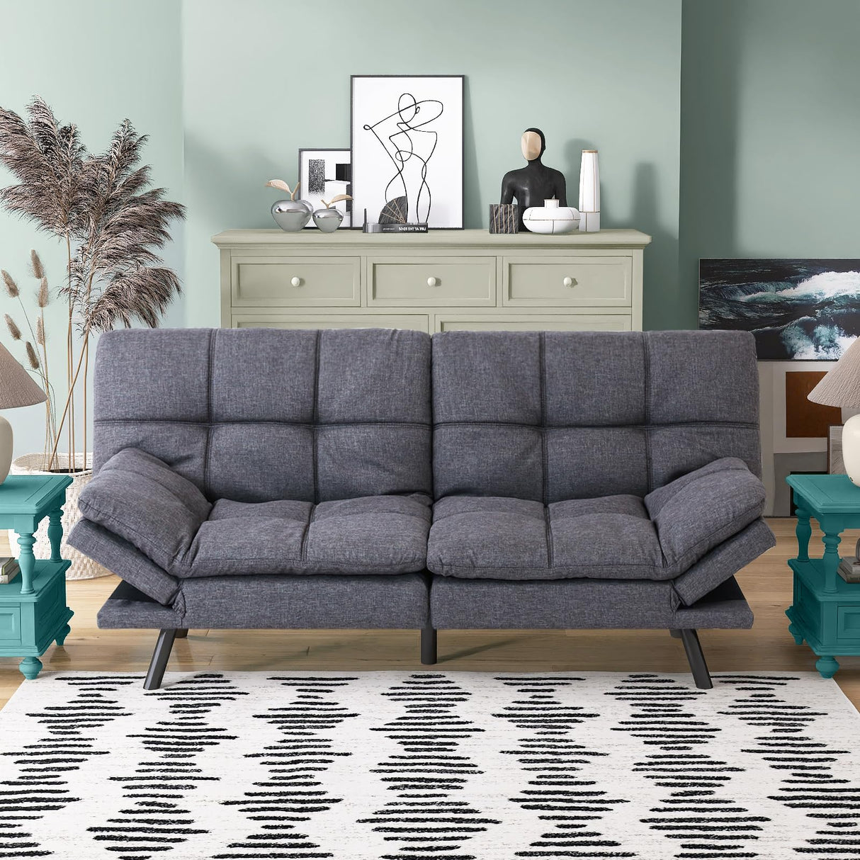 AMICLIBER Futon Sofa Bed, Grey Linen Memory Foam Futon Sleeper Sofa Loveseat Convertible Couch Bed for Small Compact Living Spaces,Apartment AMICLIBER