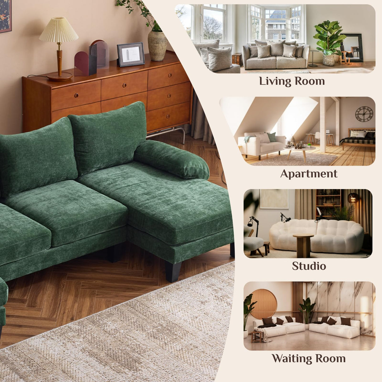 Karl home U-Shape Sectional Sofa Couch 111" Modern 4-Seat Sofa with Chaises Chenille Fabric Upholstered Covertible Couch with Wood Grain Legs for Living Room, Reception Room, Apartment, Green Karl home