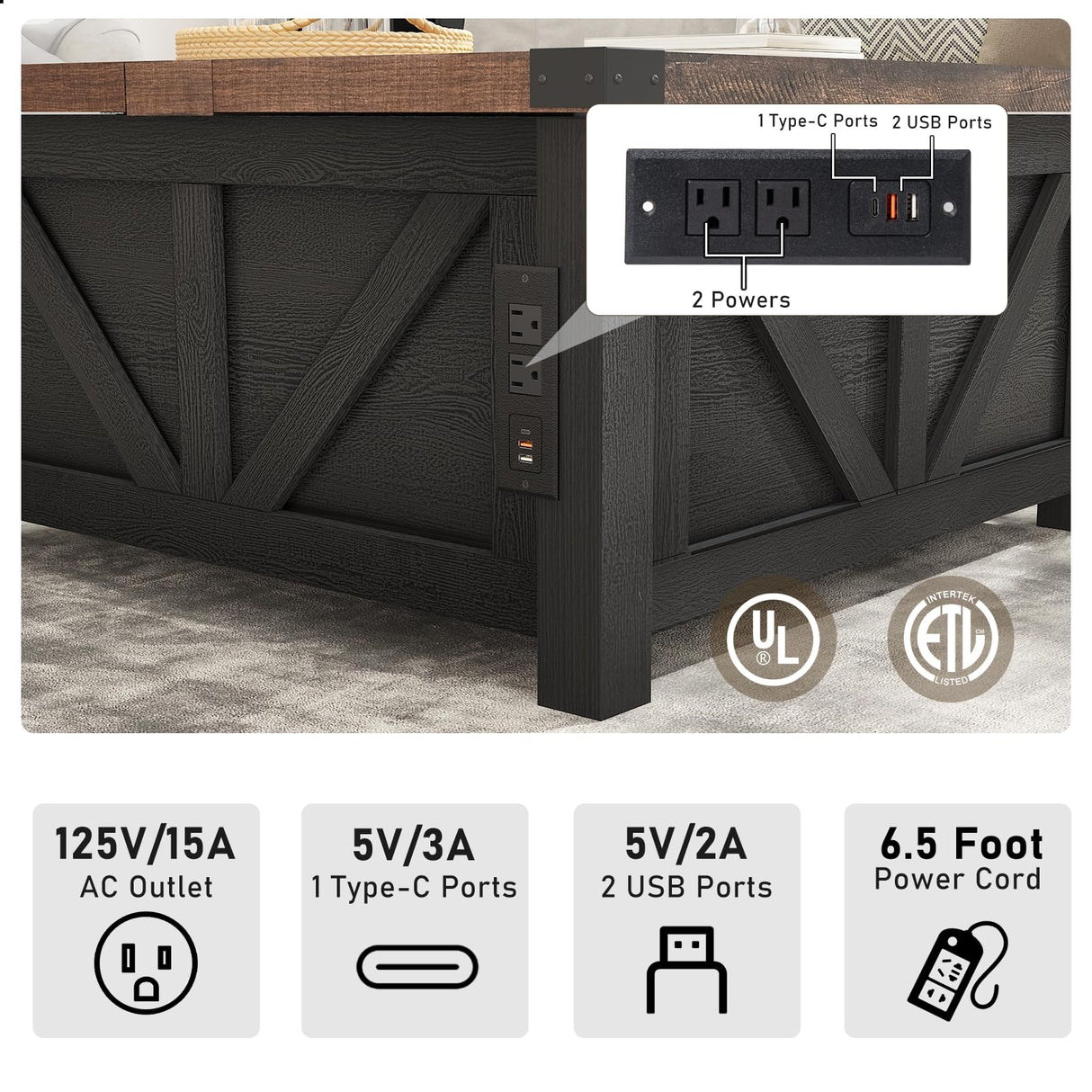 jimeimen Farmhouse Lift Top Coffee Table with Storage, Wood Square Center Table with Charging Station&USB Ports, Living Room Central Table w/Large Hidden Space, for Living Room, Bedroom,Home Office jimeimen