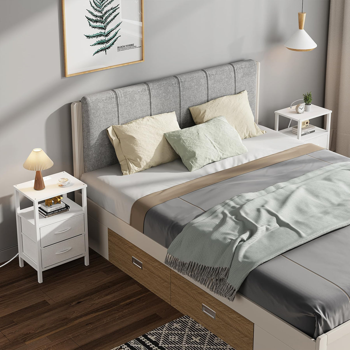 TUTOTAK End Table with Charging Station, Side Table with 2 USB Ports and Outlets, Nightstand with Cloth Drawer, Set of 2, Couch Table, White TB01BW067 TUTOTAK