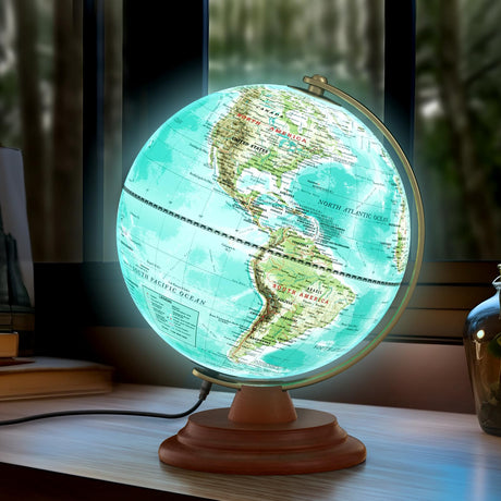 JOWHOL Illuminated Globe of the World with Wooden Stand, 8'' World Globe for Kids & Adults' Learning Built-in LED Night Light, Home Office Classroom Decor Geography Gifts(Elegant Turquoise) JOWHOL