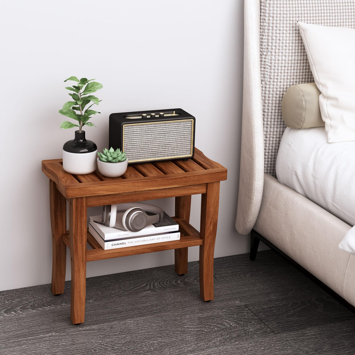 Teak Shower Bench Stool with Storage Shelf, Waterproof Shower Chair Spa Bath Seat, Shower Stool for Inside Shower, Bathroom Bench Seat for Adults Elderly Seniors for Indoor or Outdoor Use oridom