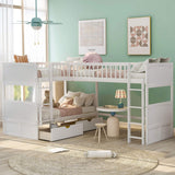 P PURLOVE L-Shaped Triple Bunk Bed for 3,Twin Over Twin &Twin Wood Triple Bed with 2 Drawers and 2 Ladders for Kids, Teens,Adults,White P PURLOVE