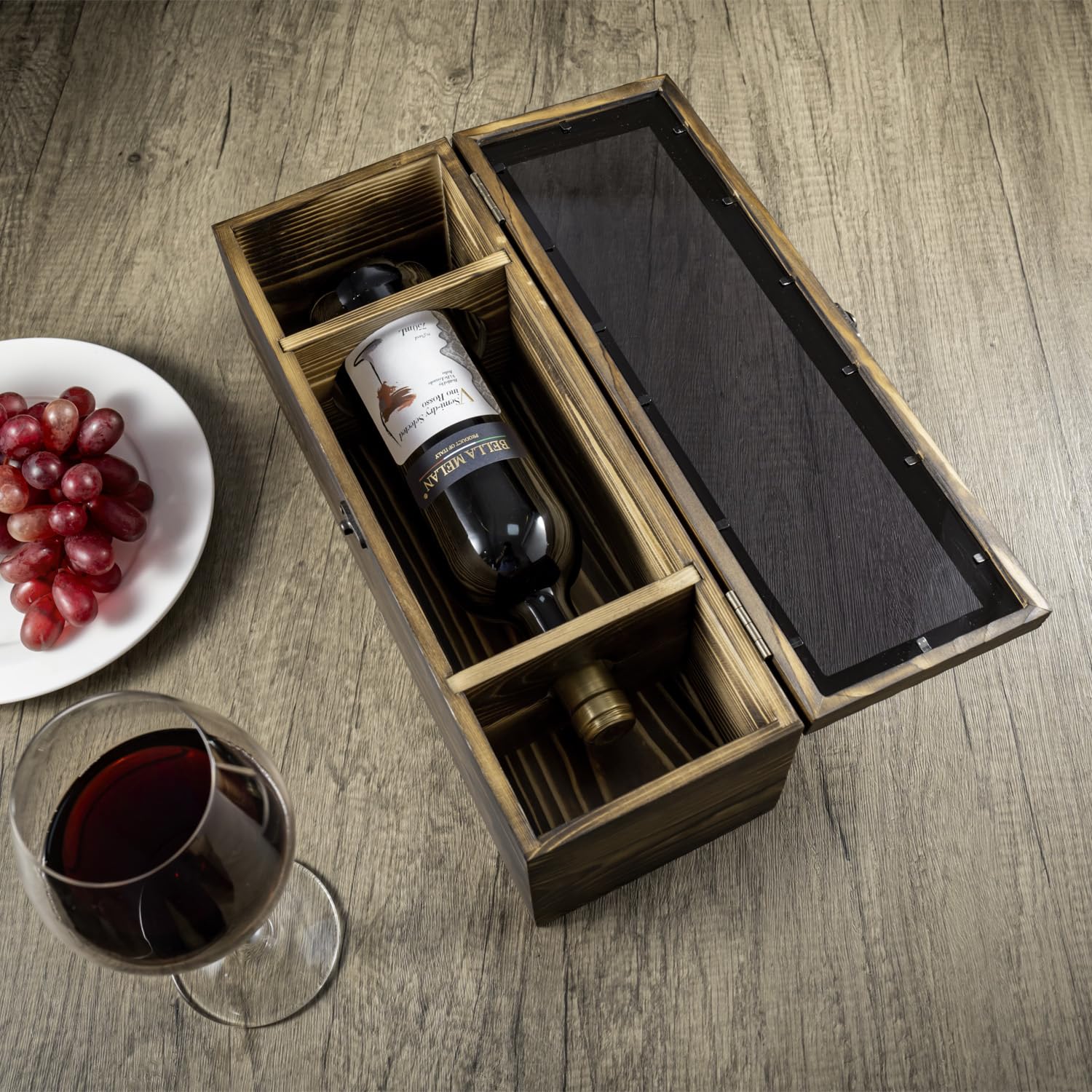 MyGift Rustic Burnt Solid Wood Single Wine Bottle Gift Box with Translucent Black Acrylic Window, Decorative Wine Collector Storage Case with Metal Latch Closure - WoodArtSupply