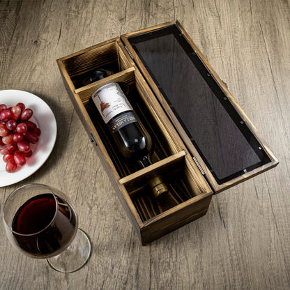 MyGift Rustic Burnt Solid Wood Single Wine Bottle Gift Box with Translucent Black Acrylic Window, Decorative Wine Collector Storage Case with Metal Latch Closure - WoodArtSupply