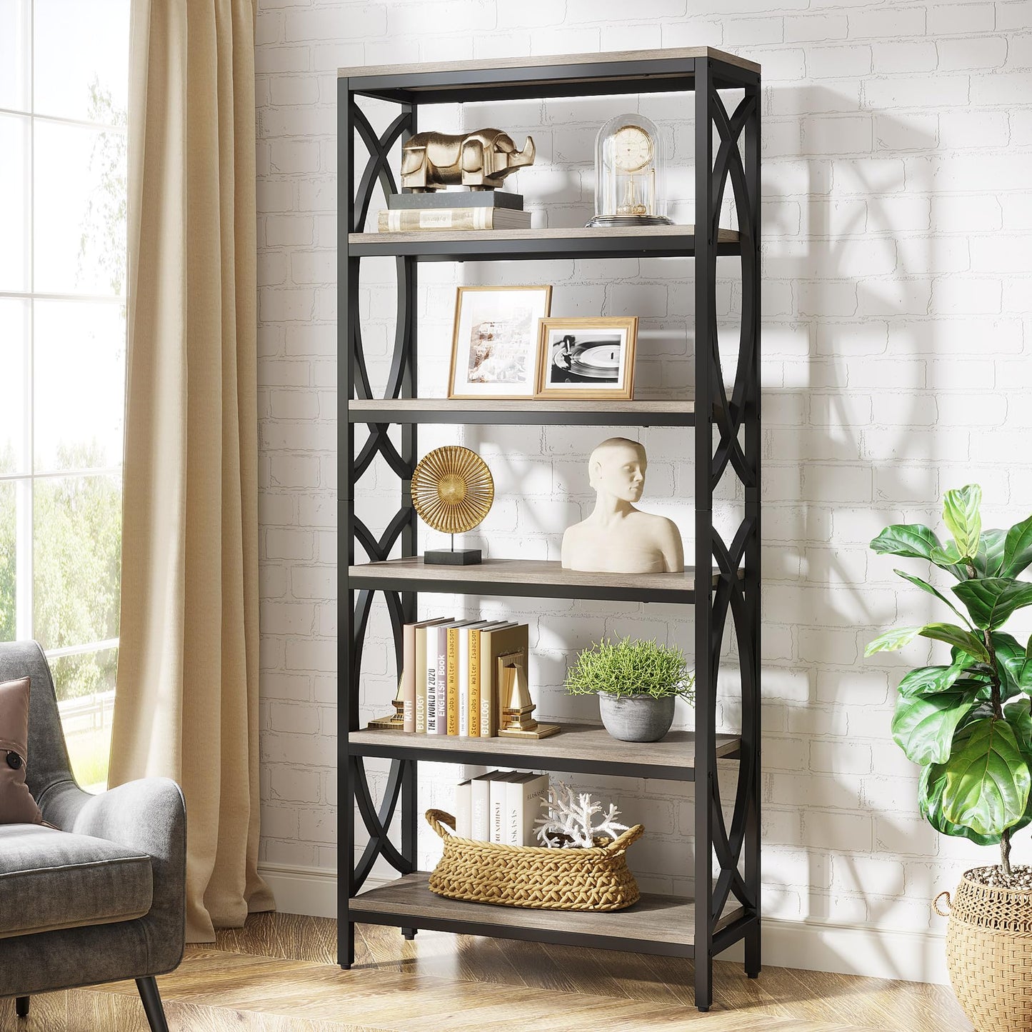 Tribesigns 6-Tier Grey Bookshelf with Metal Frame – Modern Freestanding Storage Unit for Any Room - WoodArtSupply