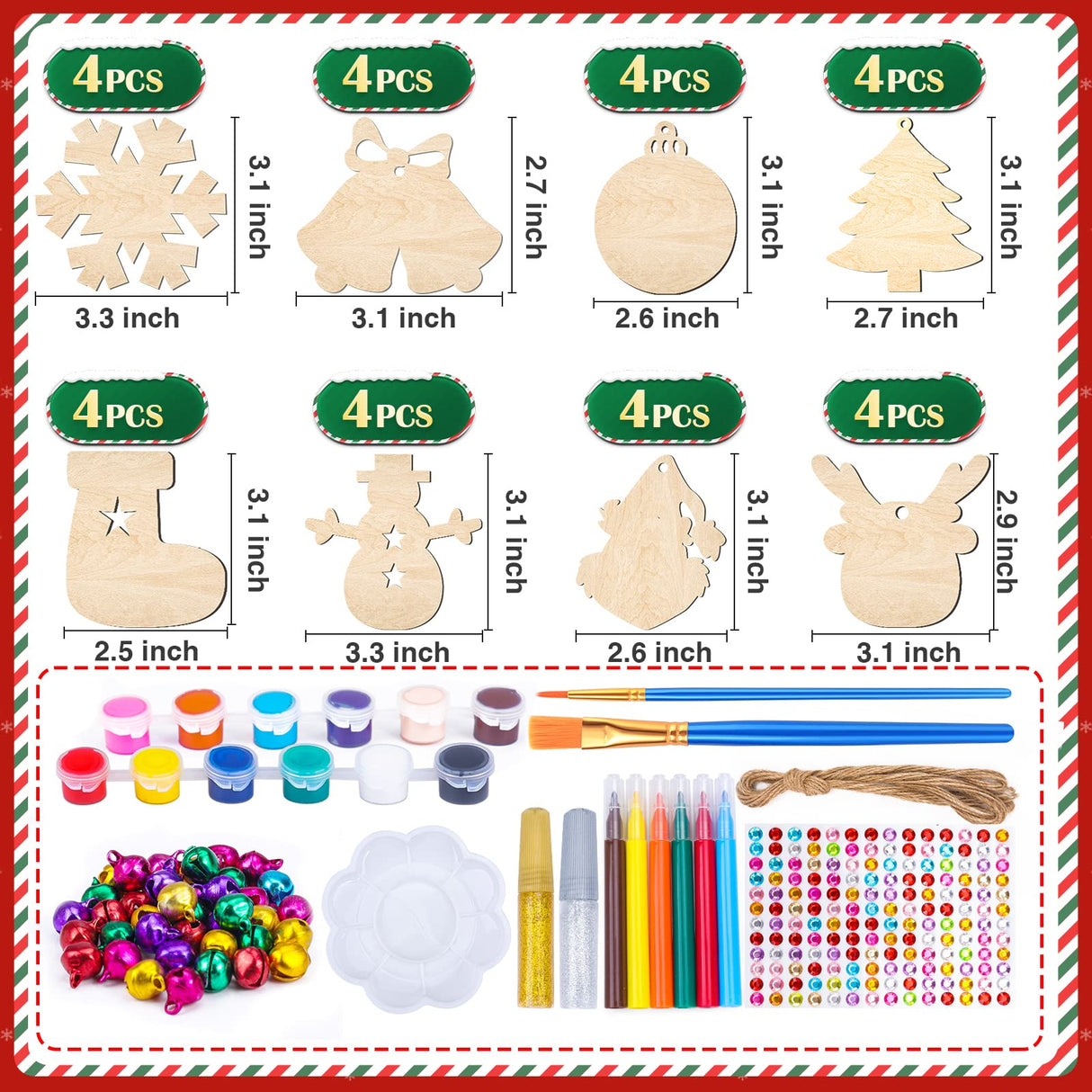 104PCS Wooden Christmas Ornaments Craft Kits Include 40PCS Unfinished Wood Slices with 8 Styles,Xmas Tree Hanging Decorations DIY Craft for Kids to Paint VESPRO