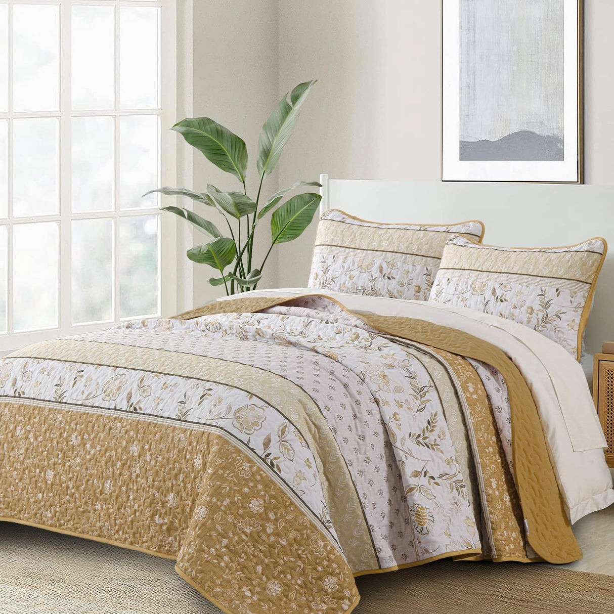 WONGS BEDDING Boho Floral Quilt Set King Size, Brown Patchwork Quilt Bedspread with Flower Botanical Leaves Printed, 3 Pieces Farmhouse Bedding Set for All Season(104"x90") WONGS BEDDING