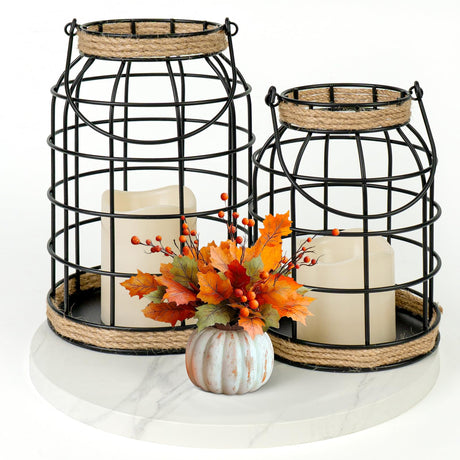 Lumeavetra Rustic Farmhouse Decorative Lantern Set of 2, Boho Lanterns with LED Candles, Modern Farmhouse Indoor Outdoor Decor for Living Room Patio Porch Fireplace Kitchen Dining Table Centerpiece Lumeavetra