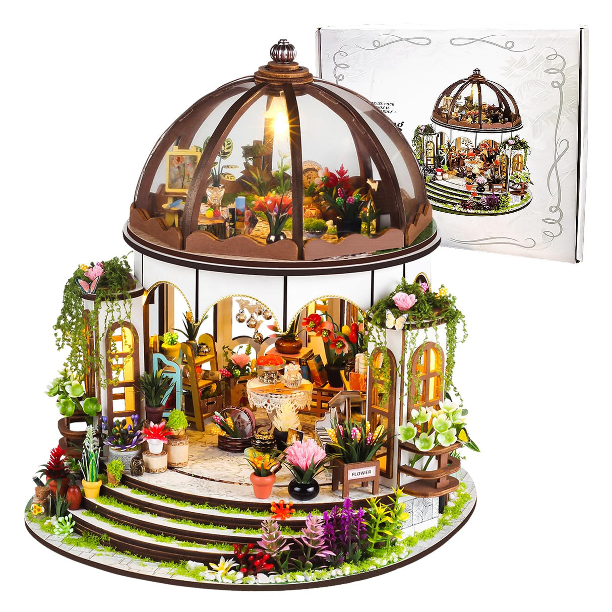 Taimimy DIY Miniature House Kit, Miniature Building Kits, Wooden Greenhouse Miniature Kit with Furniture & LED, Creative Dollhouse Kit for Adults, Hobby Craft Home Decor Birthday Gifts Taimimy