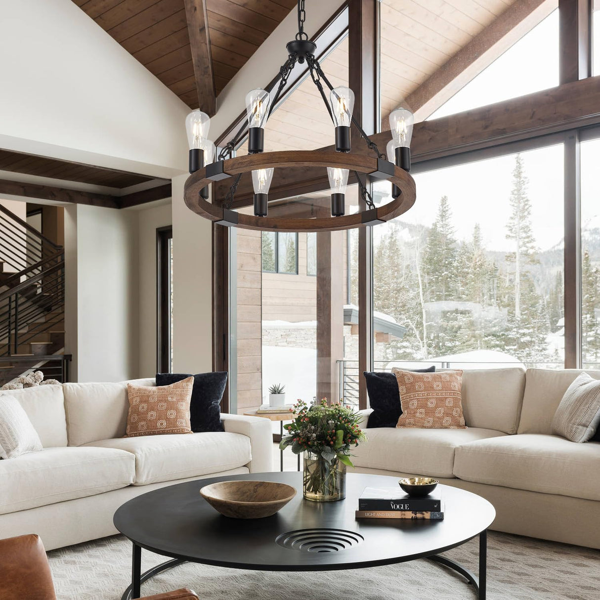 brfaixla 8 Lights 23.6'' Wooden Wagon Wheel Chandelier Farmhouse, Black Metal Ceiling Pendant Light Industrial Vintage Rustic Round Wood Chandeliers for Living Dining Room Kitchen Entryway Foyer brfaixla