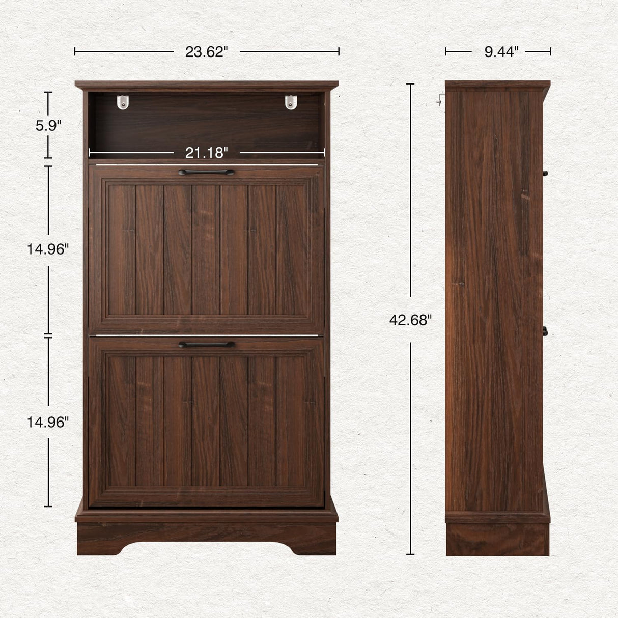 Shoe Storage Cabinet with 2 Flip Drawers, 24" W Farmhouse Modern Hidden Shoes Rack Cabinet with Adjustable Shelves & Open Storage, Narrow Slim Shoe Organizer for Front Door Entrance, Entryway, Walnut WINWY