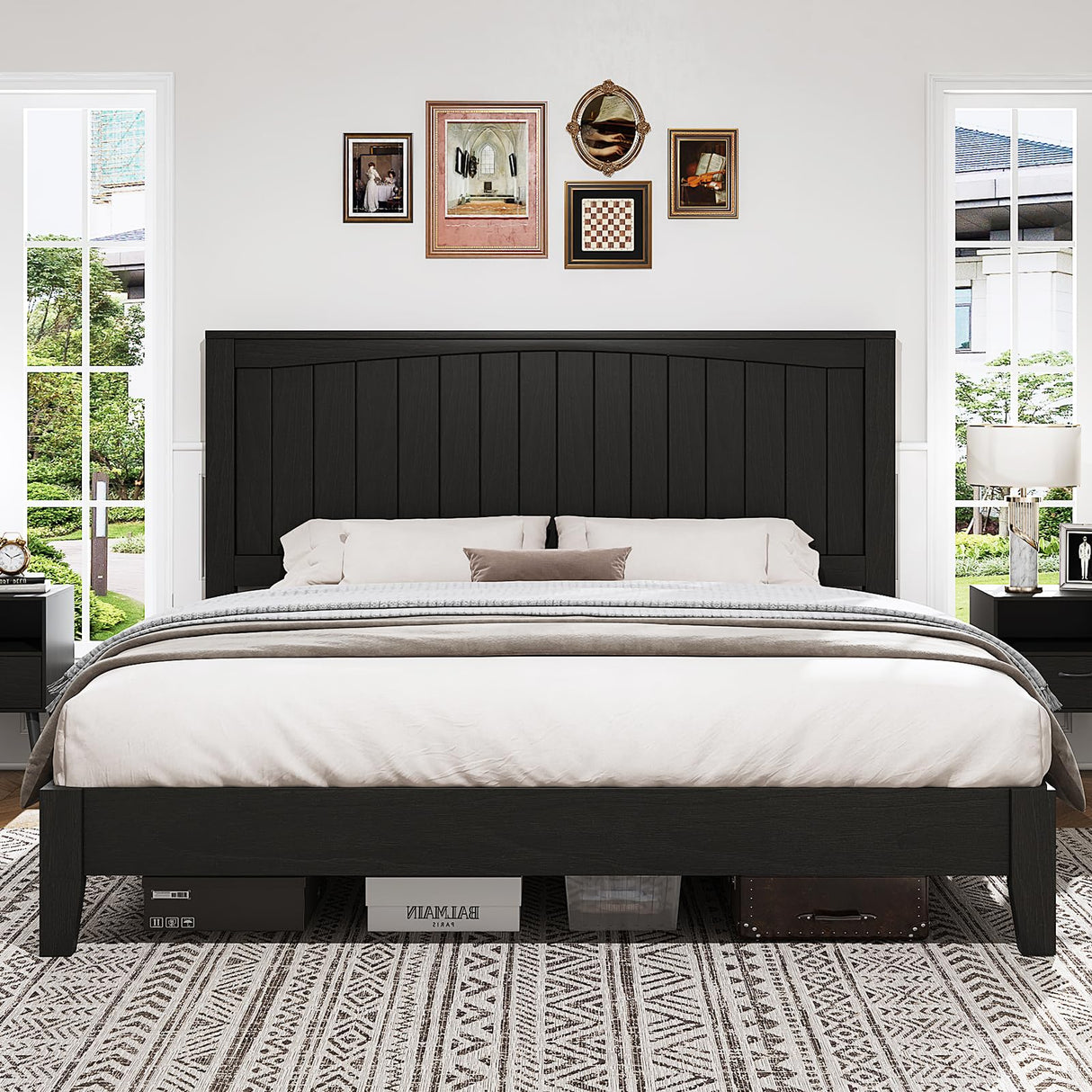 LUXOAK Queen Size Solid Wood Bed Frame with 48.4 inch Tall Headboard, Mid-Century Modern Platform Bed with Wooden Slats and Metal Frame. No Box Spring Needed, Easy Assembly, Black LUXOAK