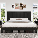 LUXOAK Queen Size Solid Wood Bed Frame with 48.4 inch Tall Headboard, Mid-Century Modern Platform Bed with Wooden Slats and Metal Frame. No Box Spring Needed, Easy Assembly, Black LUXOAK