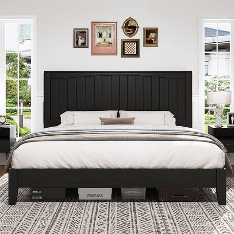 LUXOAK Queen Size Solid Wood Bed Frame with 48.4 inch Tall Headboard, Mid-Century Modern Platform Bed with Wooden Slats and Metal Frame. No Box Spring Needed, Easy Assembly, Black LUXOAK