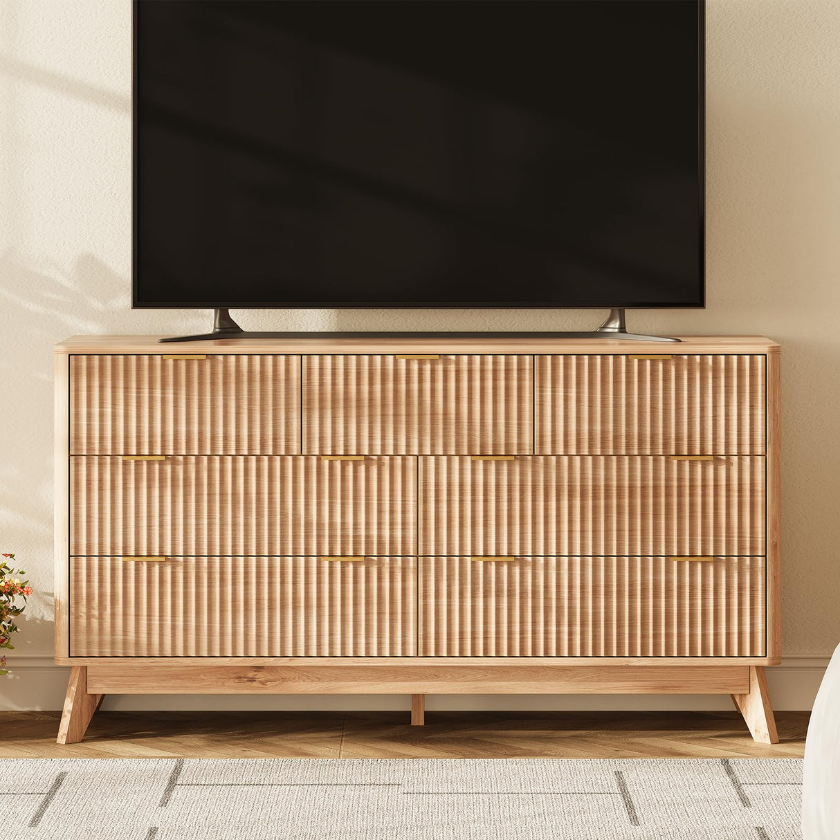 TROJM 54'' Wide 7 Drawers Dresser for Bedroom,Modern Fluted Vertical Chest with Rounded Corners,Fluted Dresser for Living Room,Hallway, Natural Wood TROJM