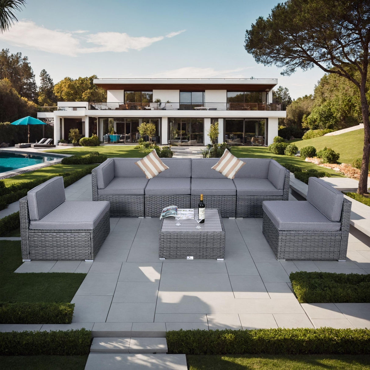 Welpatio 7 Piece Outdoor Patio Furniture Sets with Cushions, PE Rattan Wicker Outdoor Sectional Furniture Conversation Patio Set with Slat Coffee Table and 2 Pillows, Light Gray/Gray Welpatio