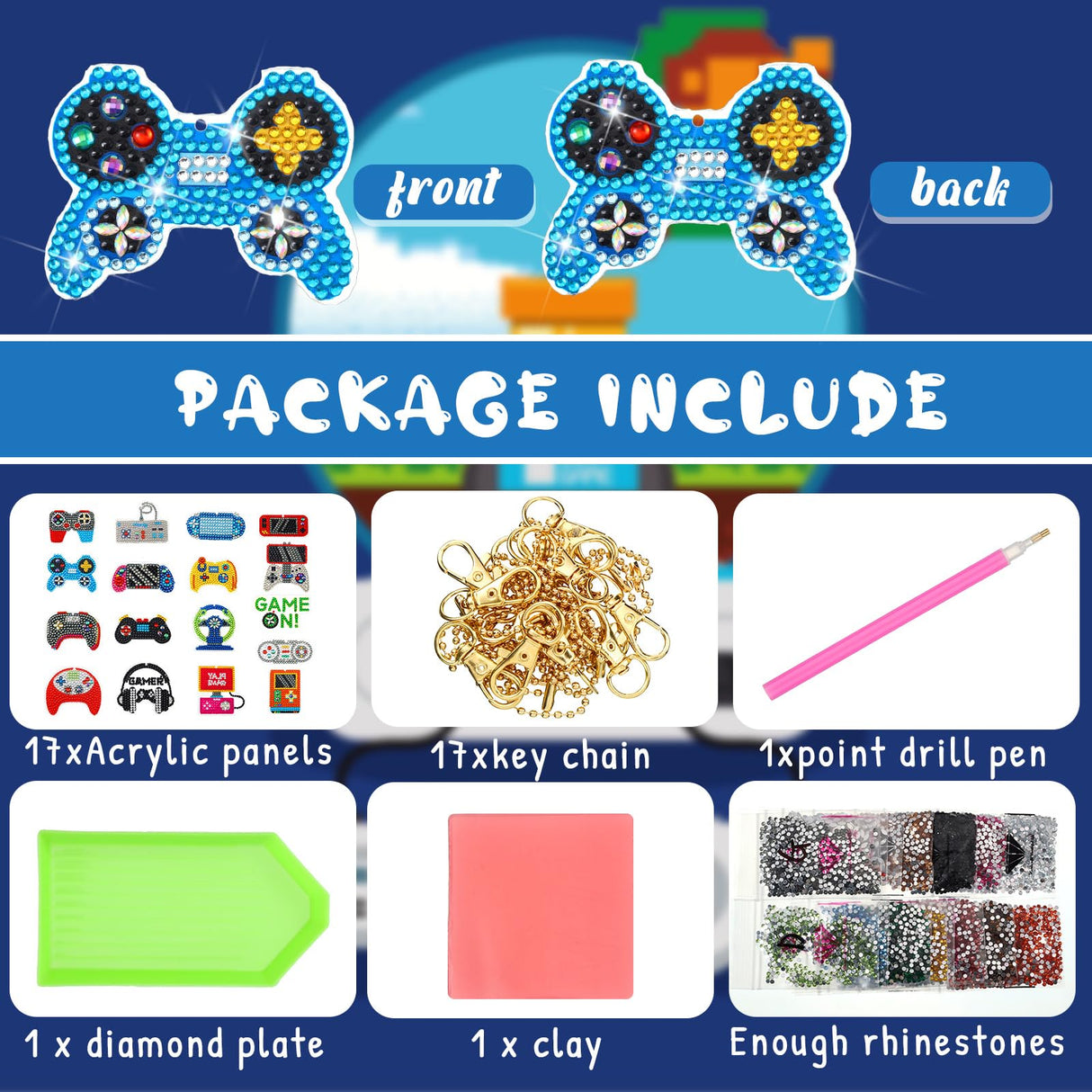 Yaomiao 17 Pcs Video Game Double Side Diamond Art Keychains Diamond Painting Keychains DIY Gem 5d Painting Arts and Crafts for Birthday Beginners Crafting Home Party Decor Yaomiao