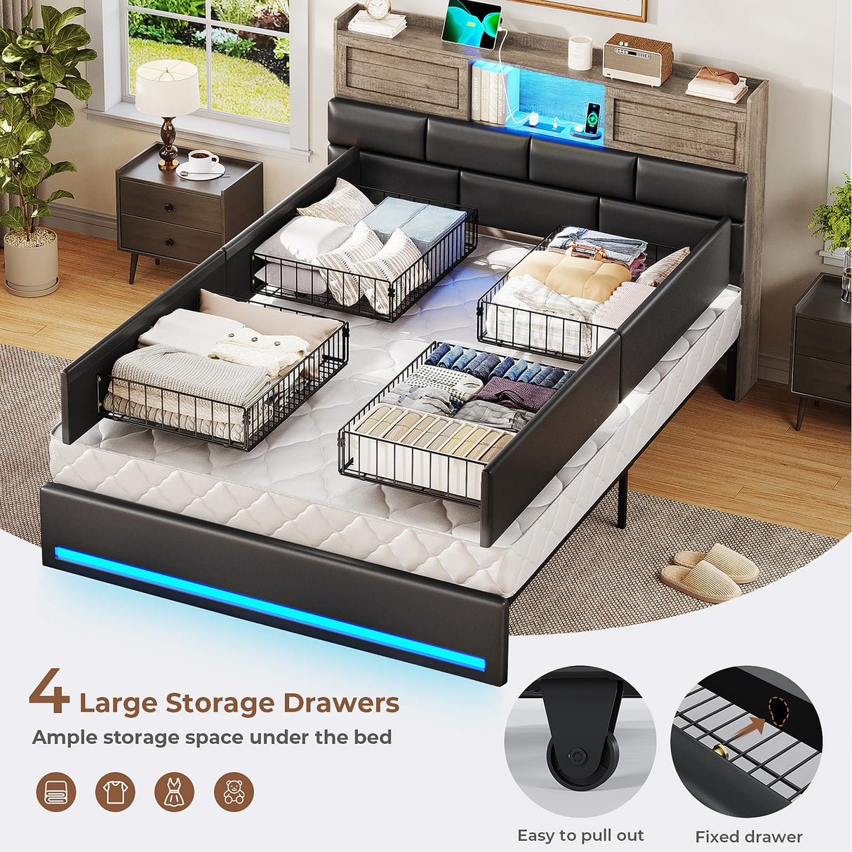 MSmask Queen Bed Frame with Bookcase Headboard and Sliding Doors, Upholstered LED Bed Frame Queen Size with Charging Station, 4 Storage Drawers, No Box Spring Needed, Black & Grey MSmask