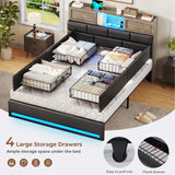 MSmask Queen Bed Frame with Bookcase Headboard and Sliding Doors, Upholstered LED Bed Frame Queen Size with Charging Station, 4 Storage Drawers, No Box Spring Needed, Black & Grey MSmask