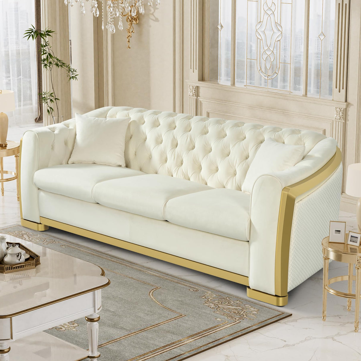 Nolohoo Luxury Velvet Chesterfield Sofa for Living Room, Comfy Mid Century Modern Victorian Couch Curved 3 Seater Deep Seat Couches Tufted Sofas with Gold Legs for Apartment, Cream White Nolohoo
