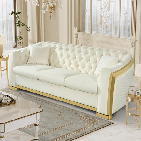 Nolohoo Luxury Velvet Chesterfield Sofa for Living Room, Comfy Mid Century Modern Victorian Couch Curved 3 Seater Deep Seat Couches Tufted Sofas with Gold Legs for Apartment, Cream White Nolohoo
