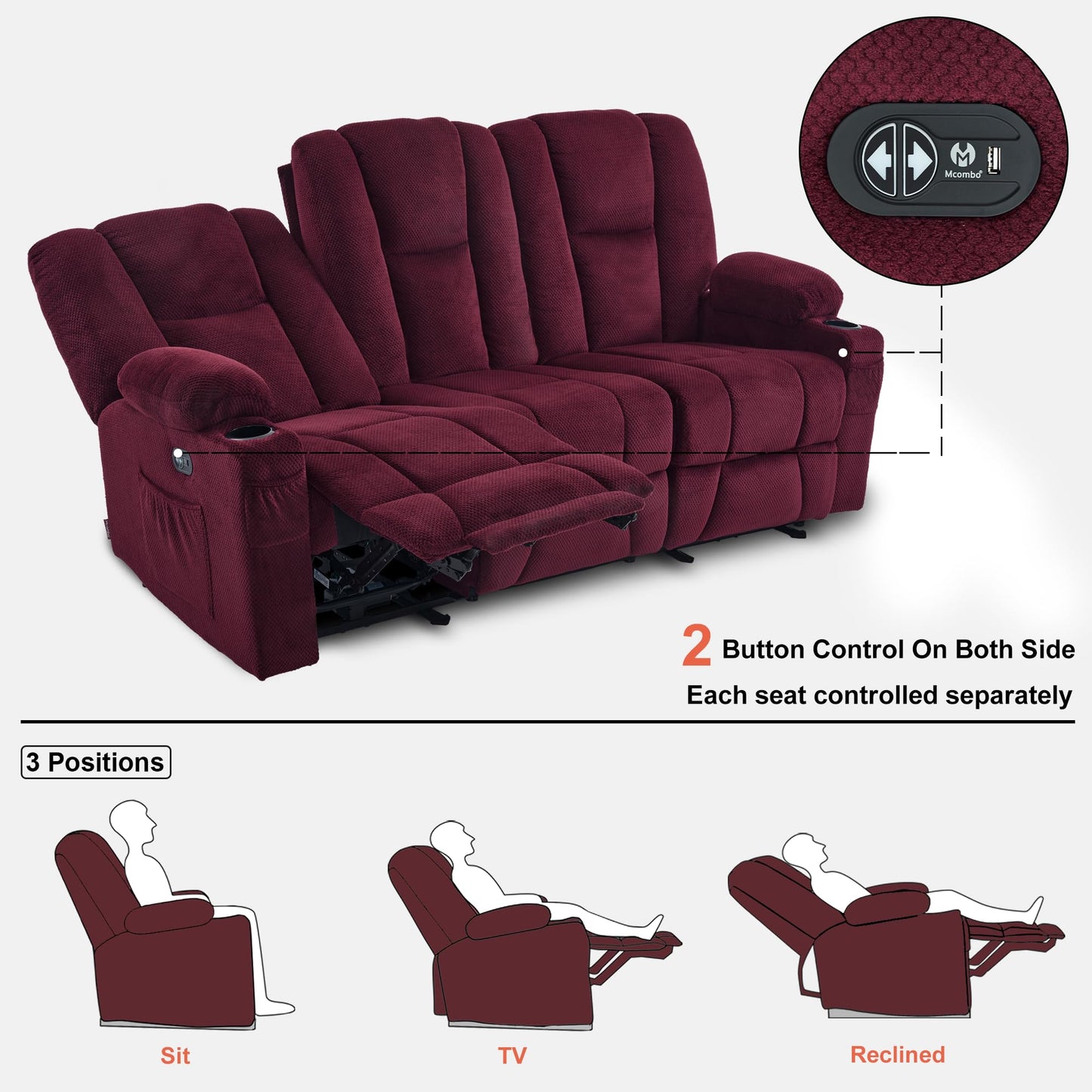 MCombo Power Reclining Sofa with Heat and Vibration,USB Ports, Cup Holders,3-Seat Dual Recliner Sofa for Living Room 6015 (Burgundy)