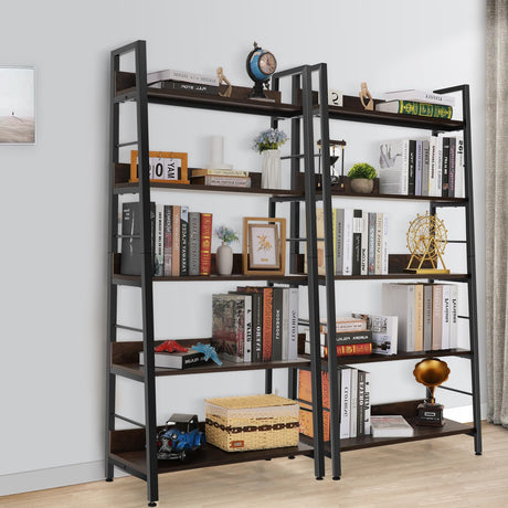Himimi Ladder Bookshelf, 5 Shelf Bookcase Industrial Bookshelf Wood and Metal Bookshelves, Plant Flower Stand Rack Book Storage Shelves for Living Room, Bedroom, Home Office (2 PCS) Himimi