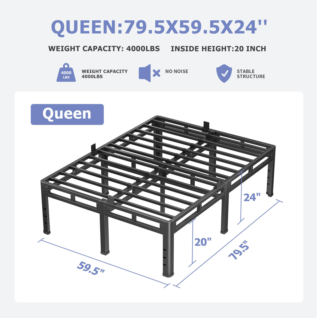 NKZ 24 Inch Queen Size Bed Frame, Metal Bed Frame & Box Spring 2 in 1 Platform with Round Corner Legs, 4000Lbs Heavy Duty Metal Frame, Mattress Slide Stopper, Headboard Hole, Noise-Free, Easy Assembly NKZ